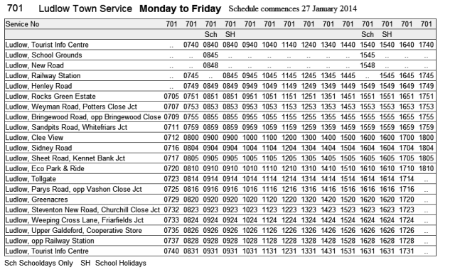 701 timetable Monday to Friday
